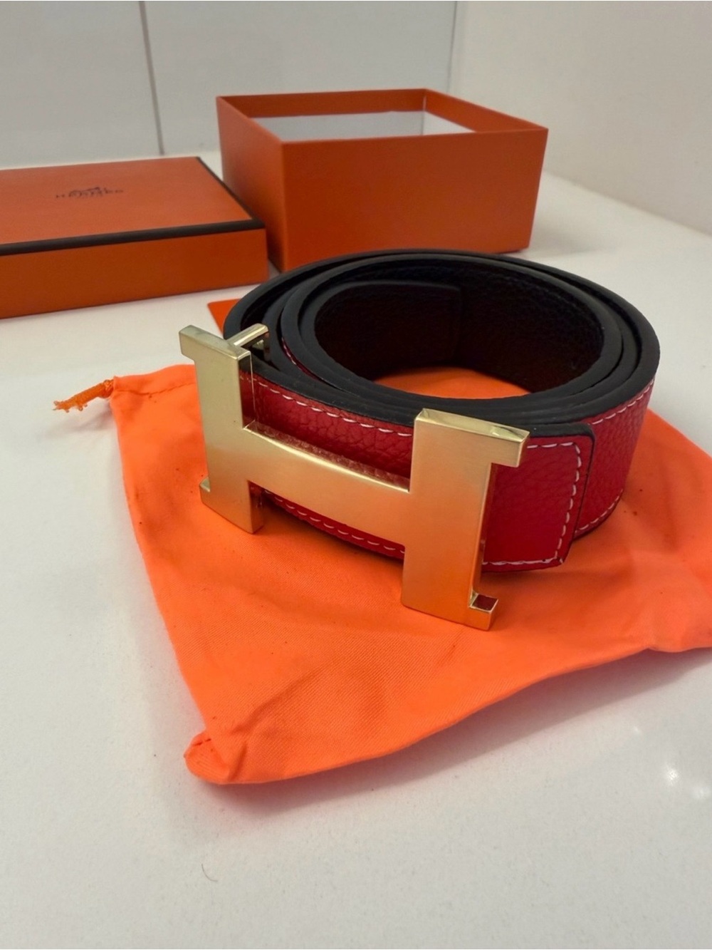 Hermès Reversible Red Black Leather Belt Gold H Buckle